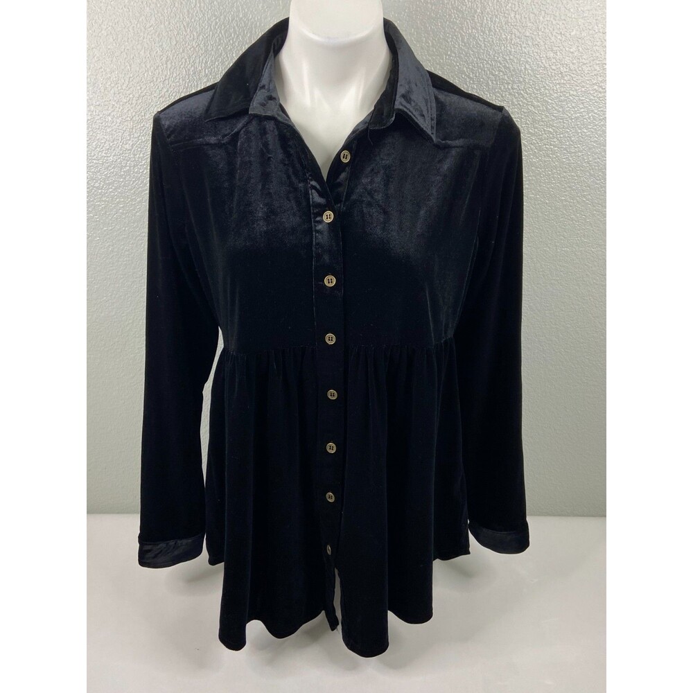 Umgee Women Small Black Velvet Dress Button Front Short Casual Loose Fitting